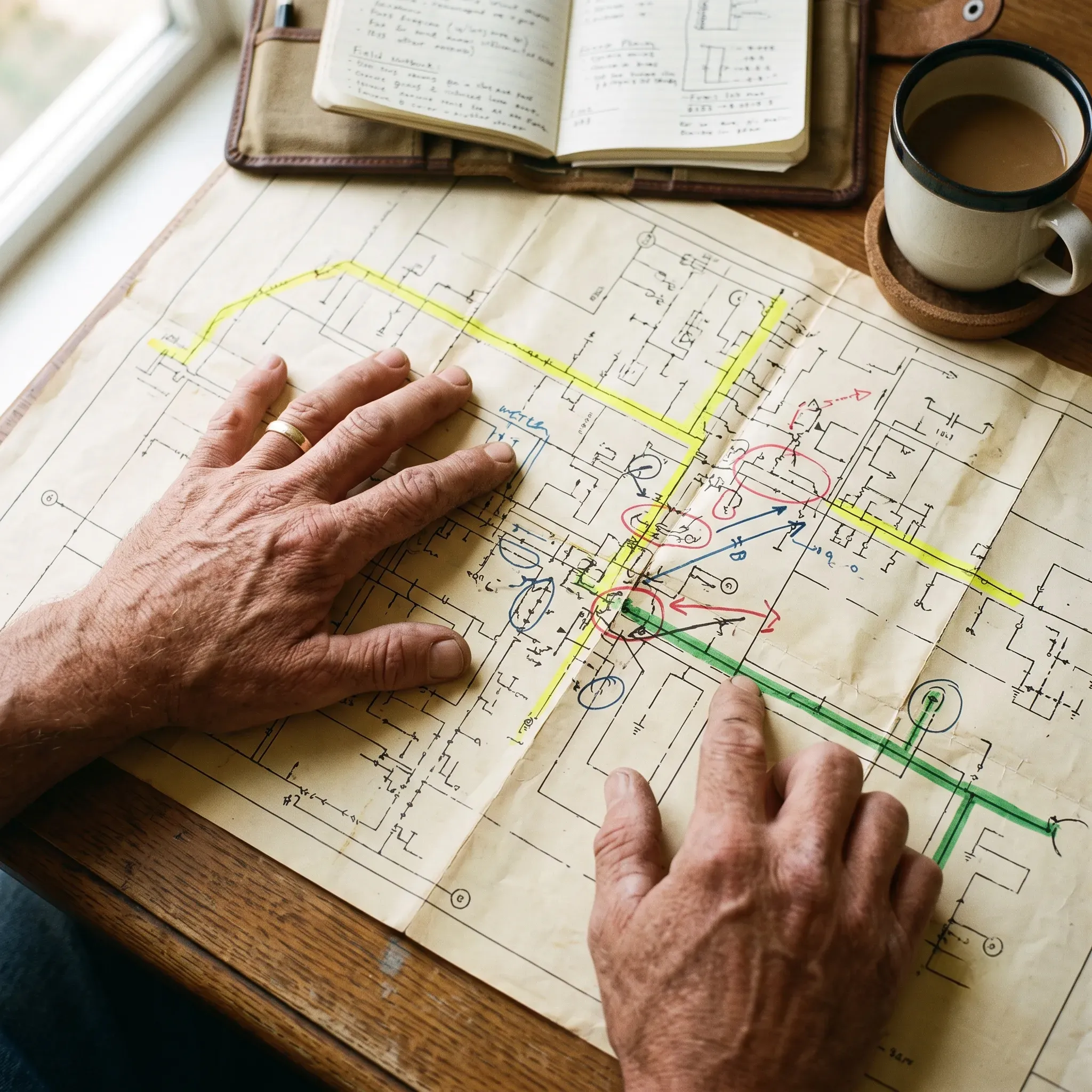 An engineer’s hands over a marked-up paper network map, field notebook and coffee beside it