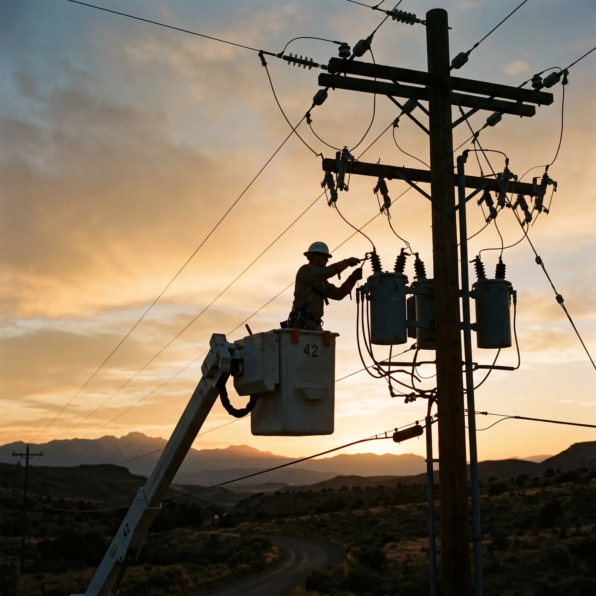A lineworker in a bucket truck servicing a pole-top transformer bank at sunset