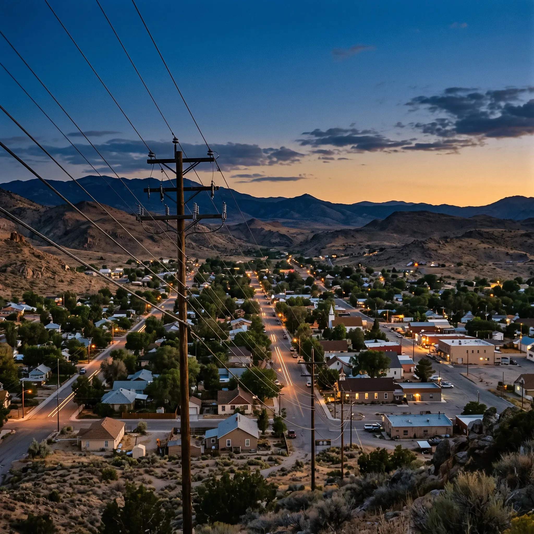 A small high-desert town at dusk, streetlights and distribution lines tracing the service territory